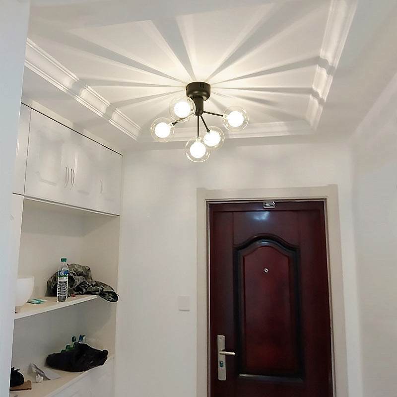 Nordic aisle light ceiling lamp with LED bulbs in hallway with white walls and dark brown door