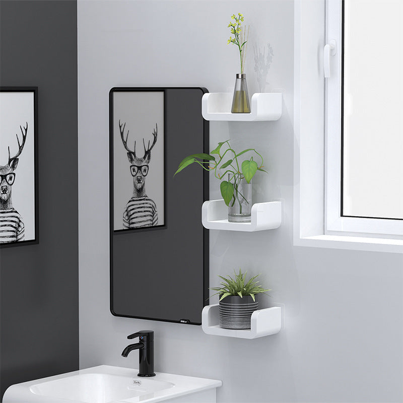 Modern white plastic wall suction bathroom shelves organizers with three layers holding plants near window and mirror