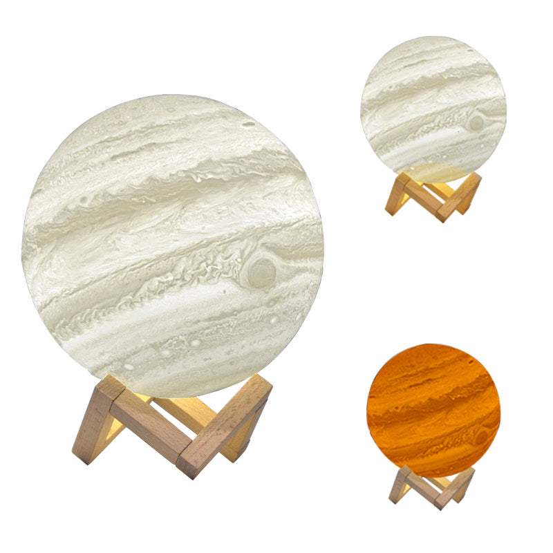 Bedside night light shaped like Jupiter planet with wooden stand and multi-color lighting options