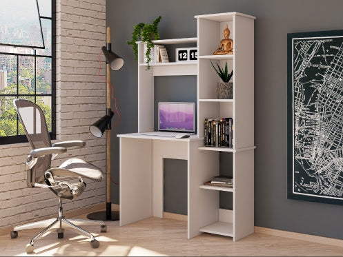 White desk with two superior shelves and five side shelves for books and decor in a modern workspace