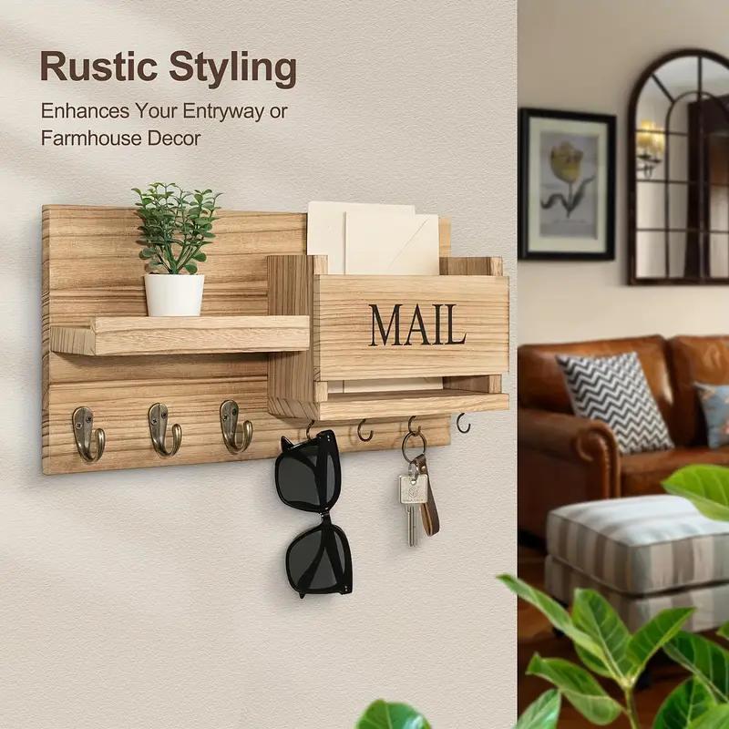 Wooden wall mounted keychain and mail holder with rustic farmhouse design and multiple hooks for entryway organization